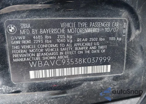 2008 BMW 328Xi from USA, damaged, VIN WBAVC93538K037999
